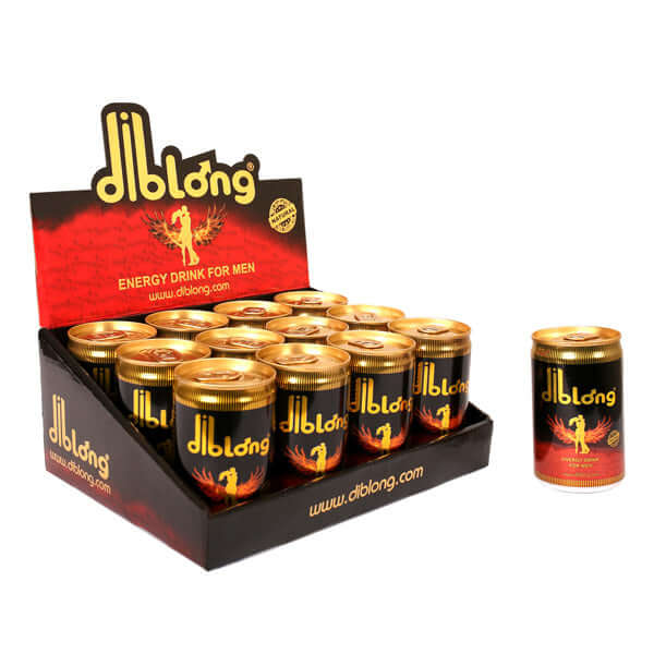 Set of 12 DIBLONG Energy Drinks for men in a display, 150 ml cans designed for revitalization and enhanced performance.